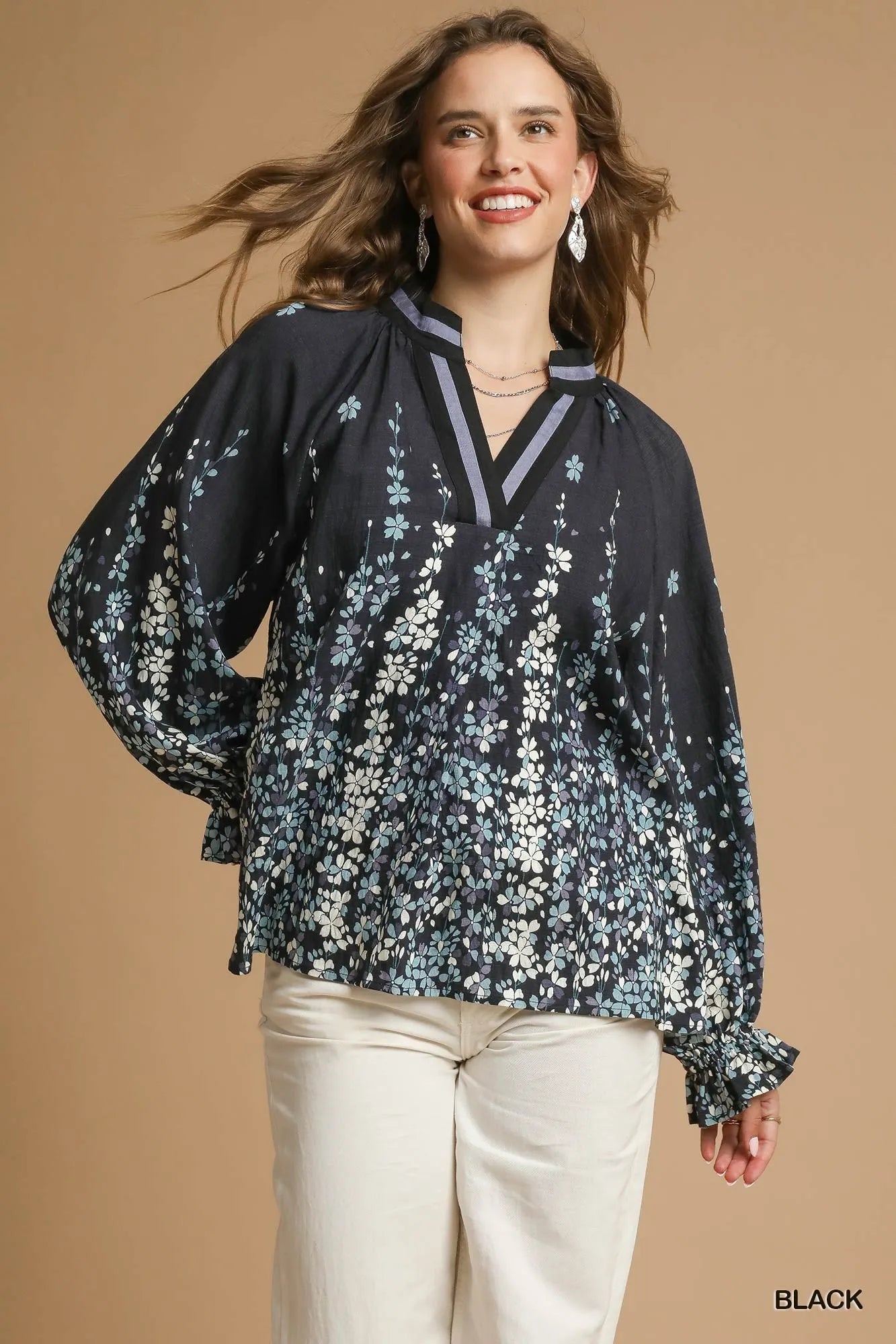 Umgee Full Size Floral Vine Print Blouse with Balloon Sleeves Plus Size on Simply Obsessed