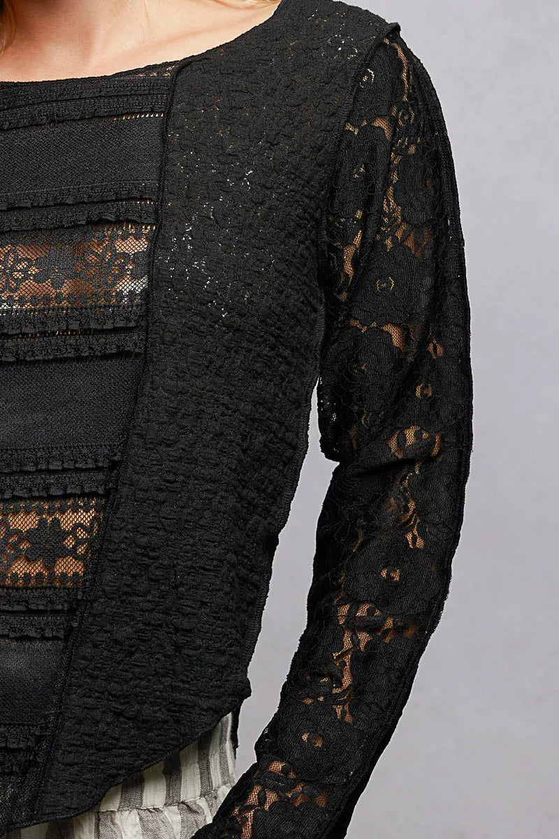 POL Round Neck Long Sleeve Exposed Seam Top with Lace Detail on Simply Obsessed