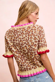 BiBi Leopard Patterned Ruffled Detail Button Cardigan on Simply Obsessed