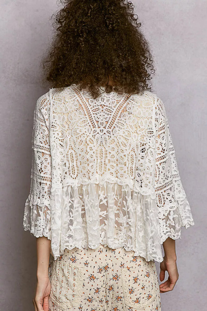 POL Floral Lace Short Sleeve Crochet Cardigan with Tassel Tie on Simply Obsessed