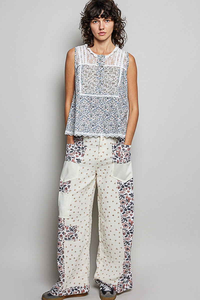 POL Printed Woven Lace Back Round Neck Sleeveless Top. **SALE** on Simply Obsessed