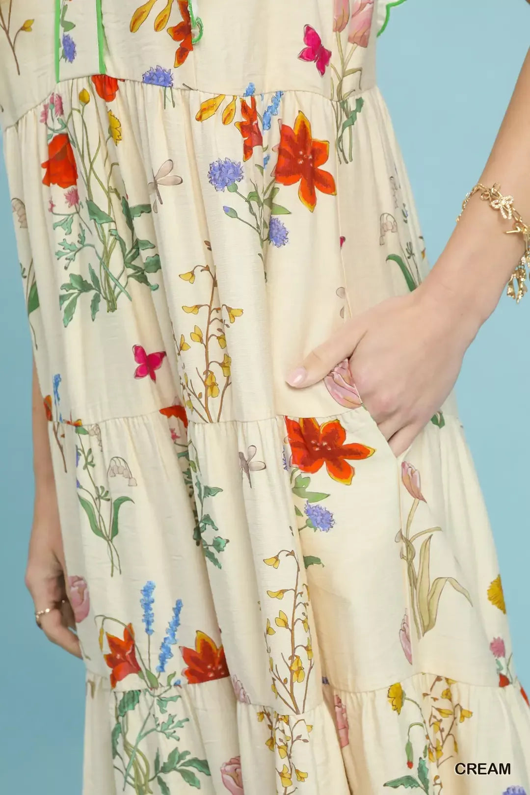 UMGEE Floral Ruffle Tiered Midi Dress with Scalloped Detail on Simply Obsessed