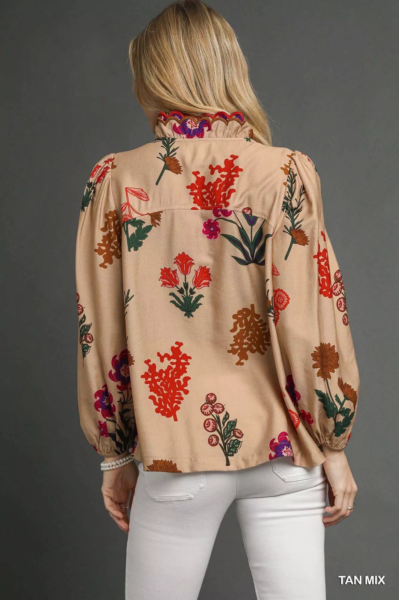 Umgee Flower Print Blouse with Scalloped Neckline on Simply Obsessed