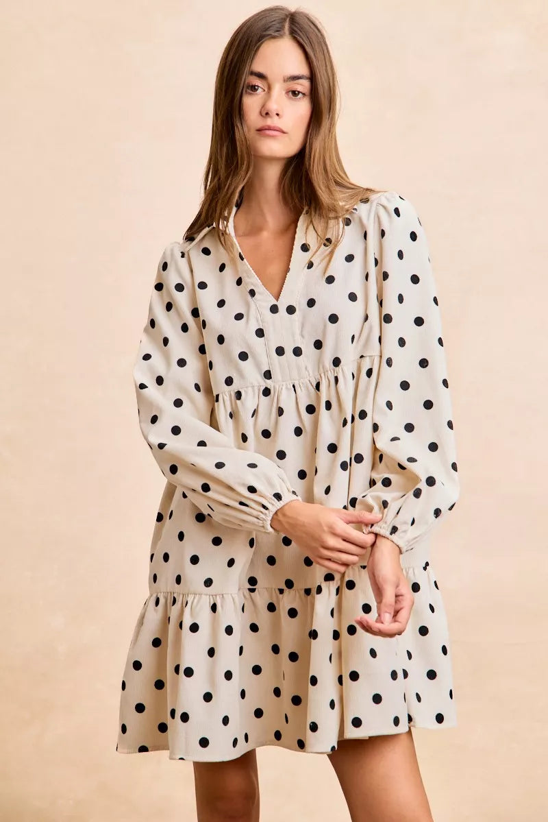 BIBI Polka Dot Corduroy Collared V Neck Dress on Simply Obsessed