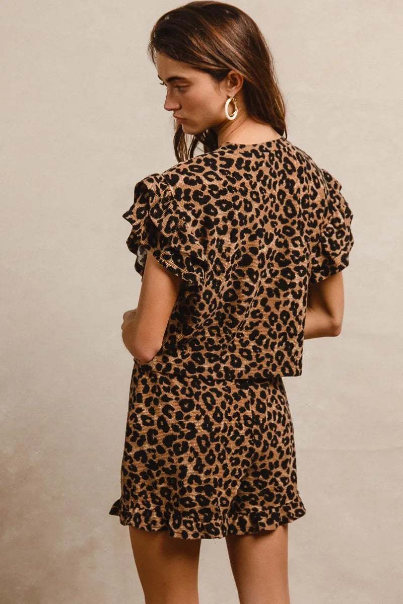 BIBI Leopard Print Waffle Texture Layered Ruffle Sleeve Top and Shorts Set on Simply Obsessed