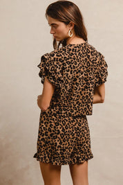BIBI Leopard Print Waffle Texture Layered Ruffle Sleeve Top and Shorts Set on Simply Obsessed