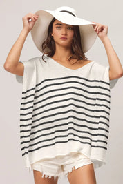 BiBi V Neck Striped Short Sleeve Top on Simply Obsessed