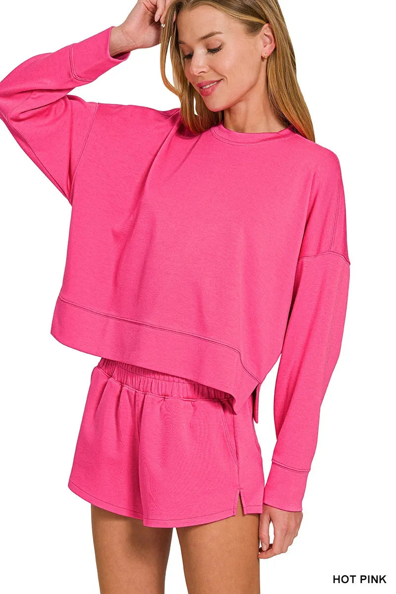 Zenana Scuba Long Sleeve Sweatshirts & Shorts Set on Simply Obsessed