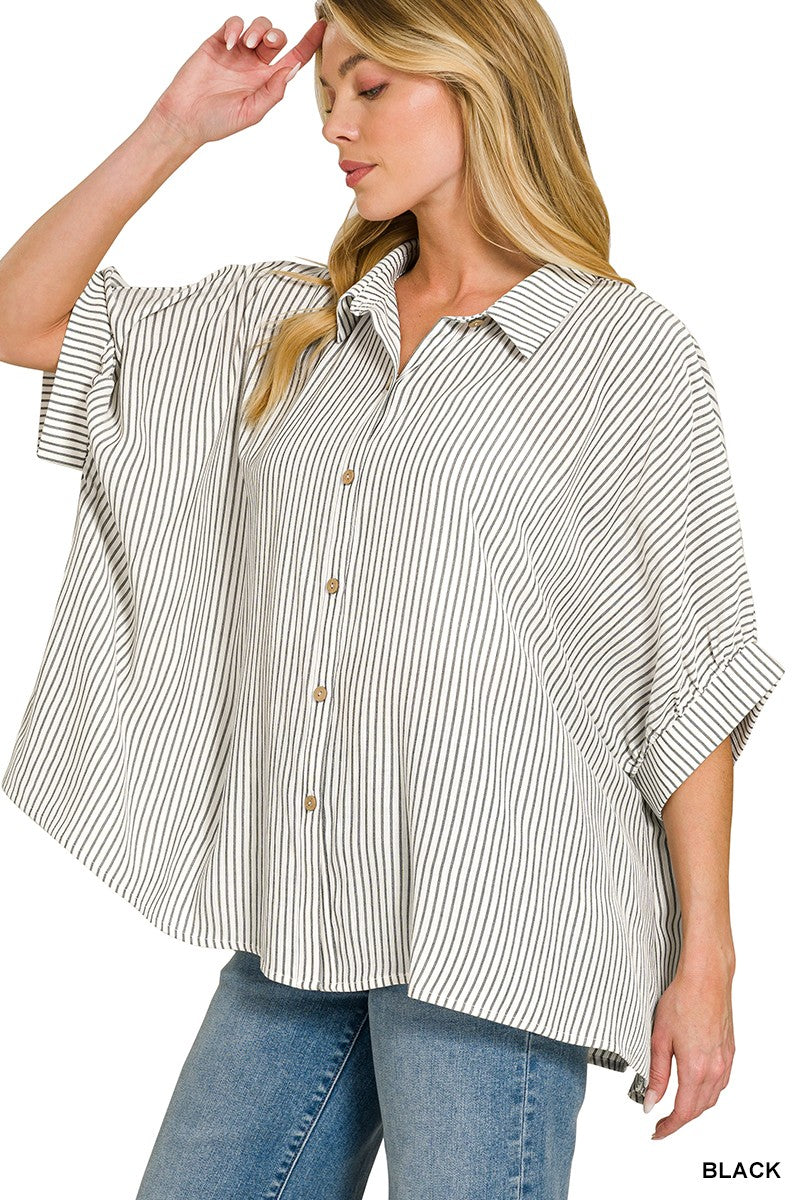 ZENANA Full Size Woven Stripe Button Down Boxy Shirt Plus Size on Simply Obsessed