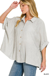 ZENANA Full Size Woven Stripe Button Down Boxy Shirt Plus Size on Simply Obsessed