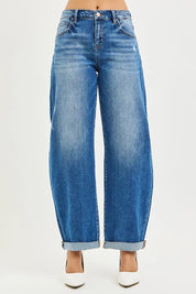 RISEN Full Size Mid Rise Barrel Double Roll Up Jeans Plus Size on Simply Obsessed