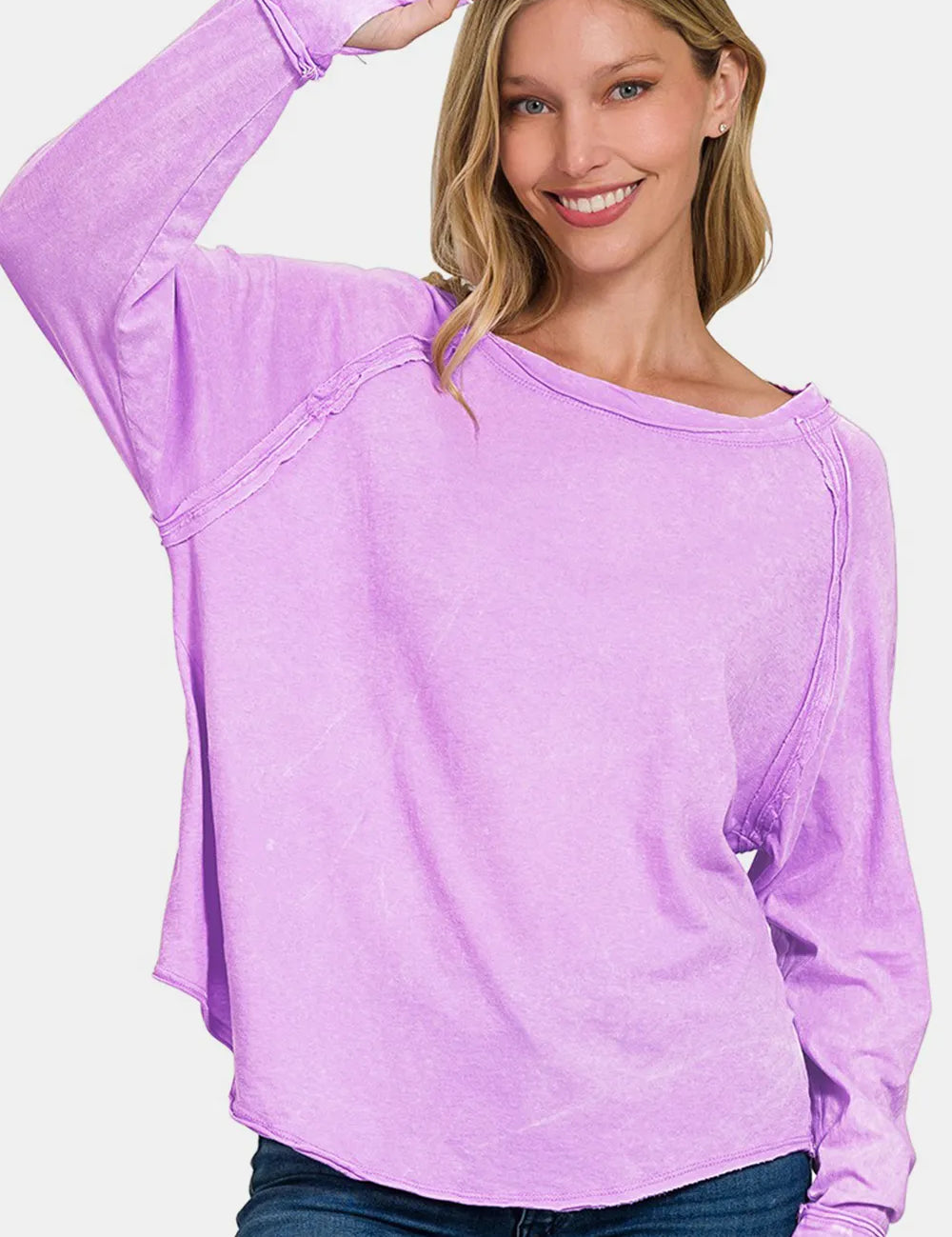 ZENANA Round Neck Thumbhole Long Sleeve T-Shirt on Simply Obsessed