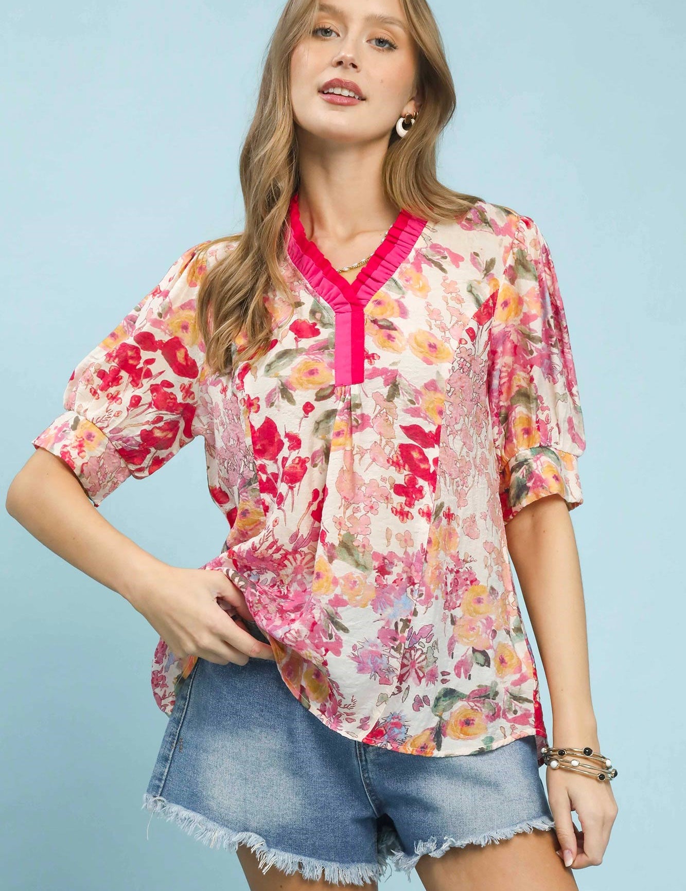 UMGEE Floral Contrast Pleat Neck Top **DEBUT SALE** on Simply Obsessed