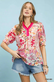UMGEE Floral Contrast Pleat Neck Top **DEBUT SALE** on Simply Obsessed
