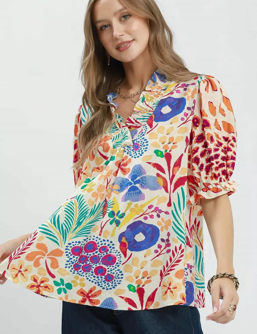 UMGEE V-Neck Ruffle Trim Puff Sleeve Top on Simply Obsessed