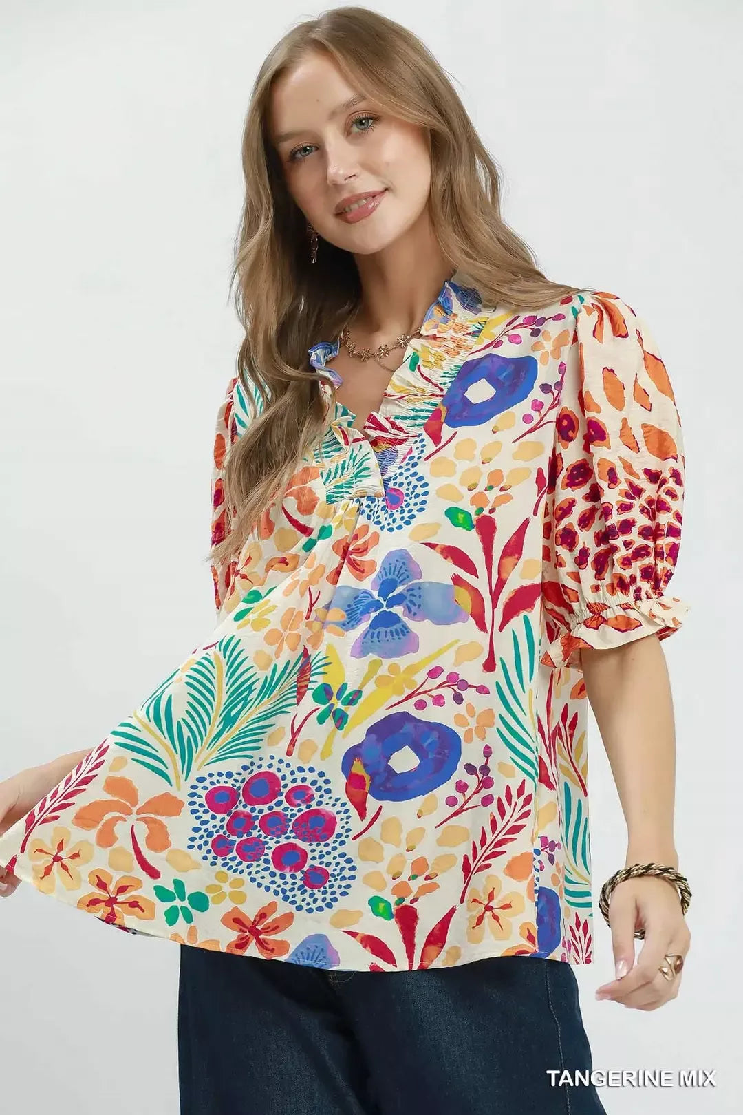 UMGEE V-Neck Ruffle Trim Puff Sleeve Top on Simply Obsessed