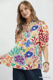 UMGEE V-Neck Ruffle Trim Puff Sleeve Top on Simply Obsessed