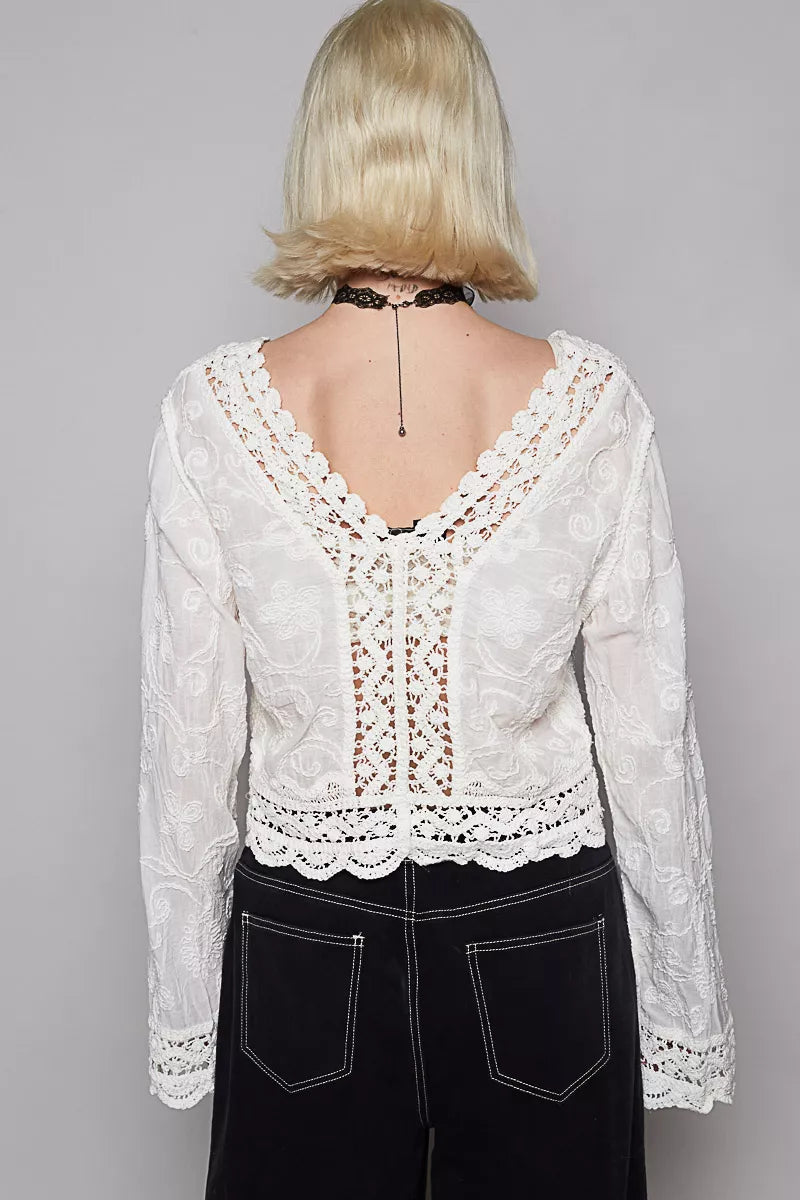 POL Long Sleeve Cropped Crochet Top with Floral Embroidery Detail on Simply Obsessed