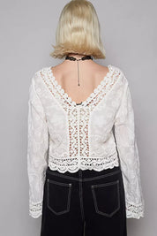 POL Long Sleeve Cropped Crochet Top with Floral Embroidery Detail on Simply Obsessed