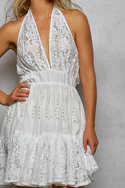 POL Halter Lace Patch Ruffle Mini Dress with Adjustable Tie on Back **SALE** on Simply Obsessed