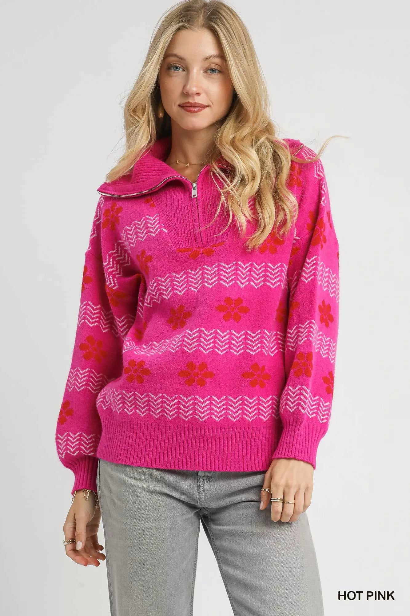 Umgee Floral Patterned Jacquard Quarter-Zip Pullover Sweater on Simply Obsessed