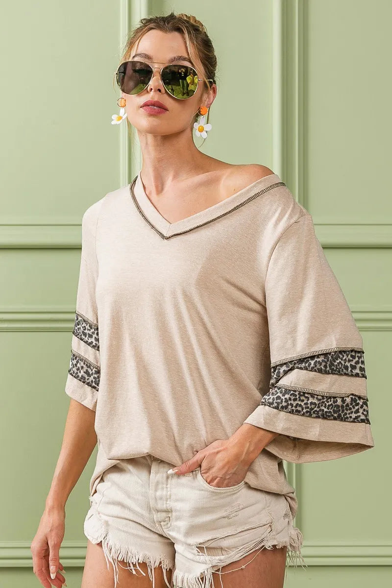 BiBi Triblend Knit Top with Leopard Band Detail on Simply Obsessed