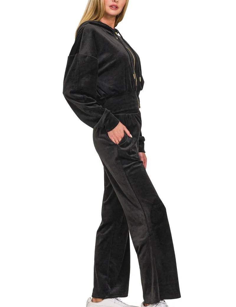 ZENANA Velvet Zip Up Hoodie and Pants Set on Simply Obsessed