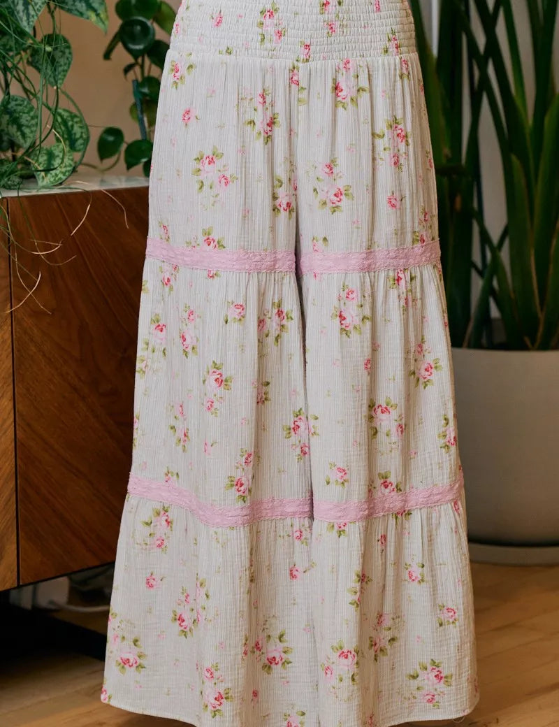 BIBI Rose Printed Gauze Trim Detail Smocked Maxi Pants on Simply Obsessed