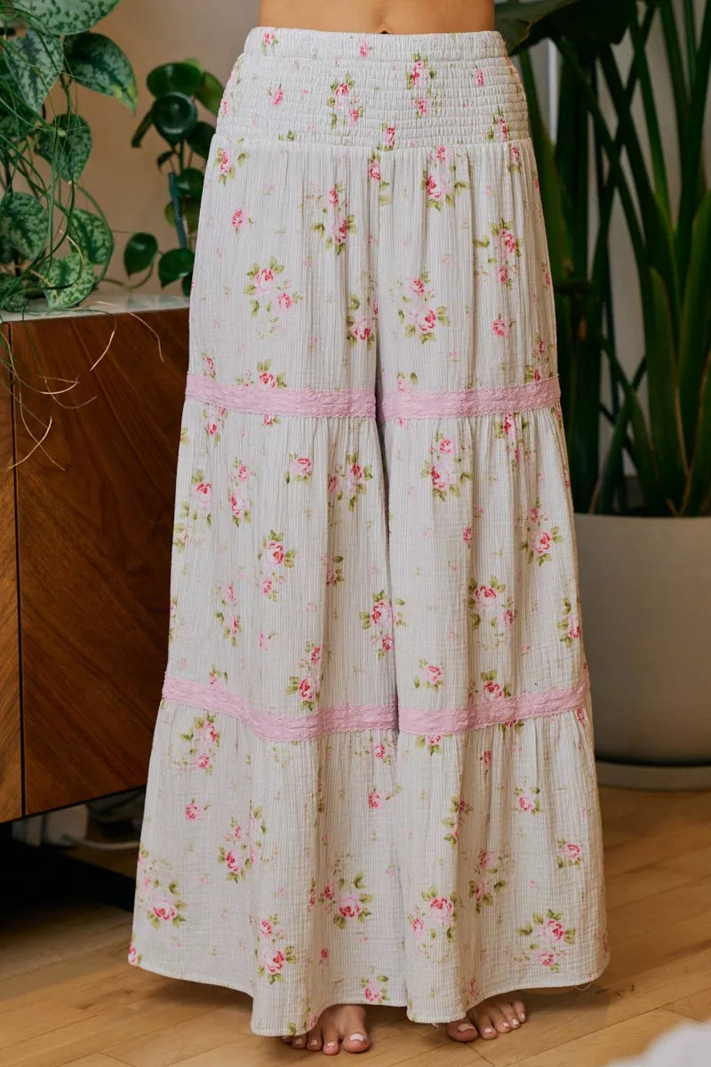 BIBI Rose Printed Gauze Trim Detail Smocked Maxi Pants on Simply Obsessed