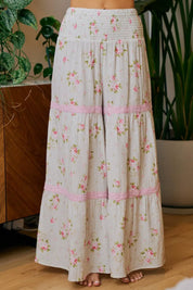 BIBI Rose Printed Gauze Trim Detail Smocked Maxi Pants on Simply Obsessed
