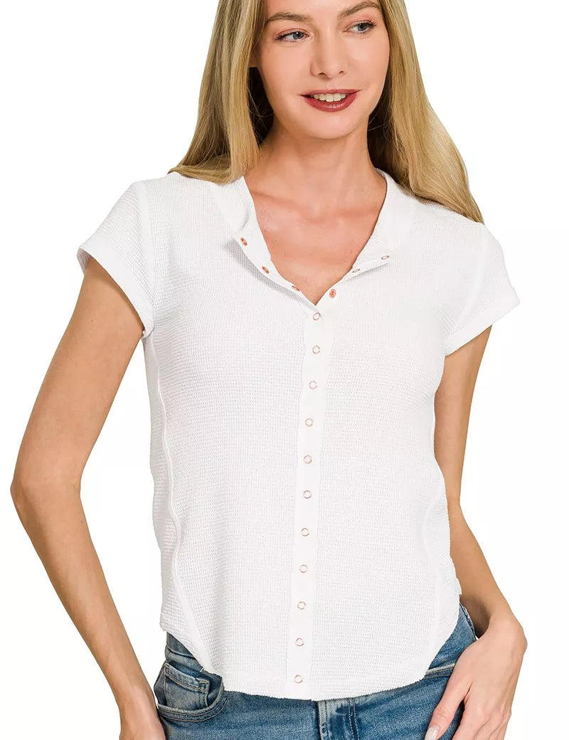 ZENANA Double Knit Snap Button Short Sleeve Shirt on Simply Obsessed