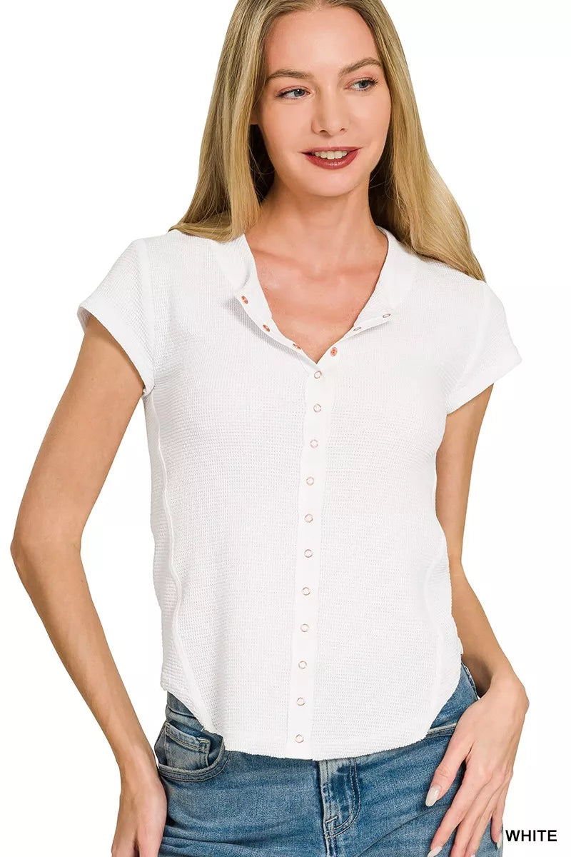 ZENANA Double Knit Snap Button Short Sleeve Shirt on Simply Obsessed