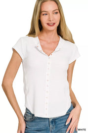 ZENANA Double Knit Snap Button Short Sleeve Shirt on Simply Obsessed