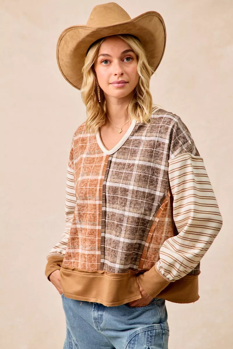 BiBi Plaid And Stripe Mix And Match Top With Open Seam on Simply Obsessed