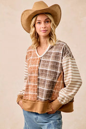 BiBi Plaid And Stripe Mix And Match Top With Open Seam on Simply Obsessed