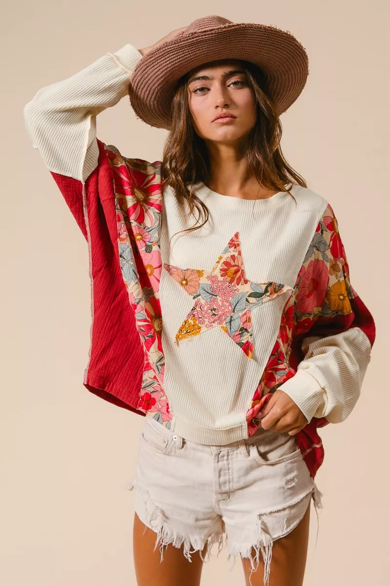 BIBI Floral Print Mixed Star Patch Round Neck Sweatshirt on Simply Obsessed