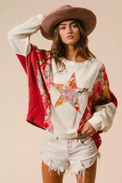 BIBI Floral Print Mixed Star Patch Round Neck Sweatshirt on Simply Obsessed