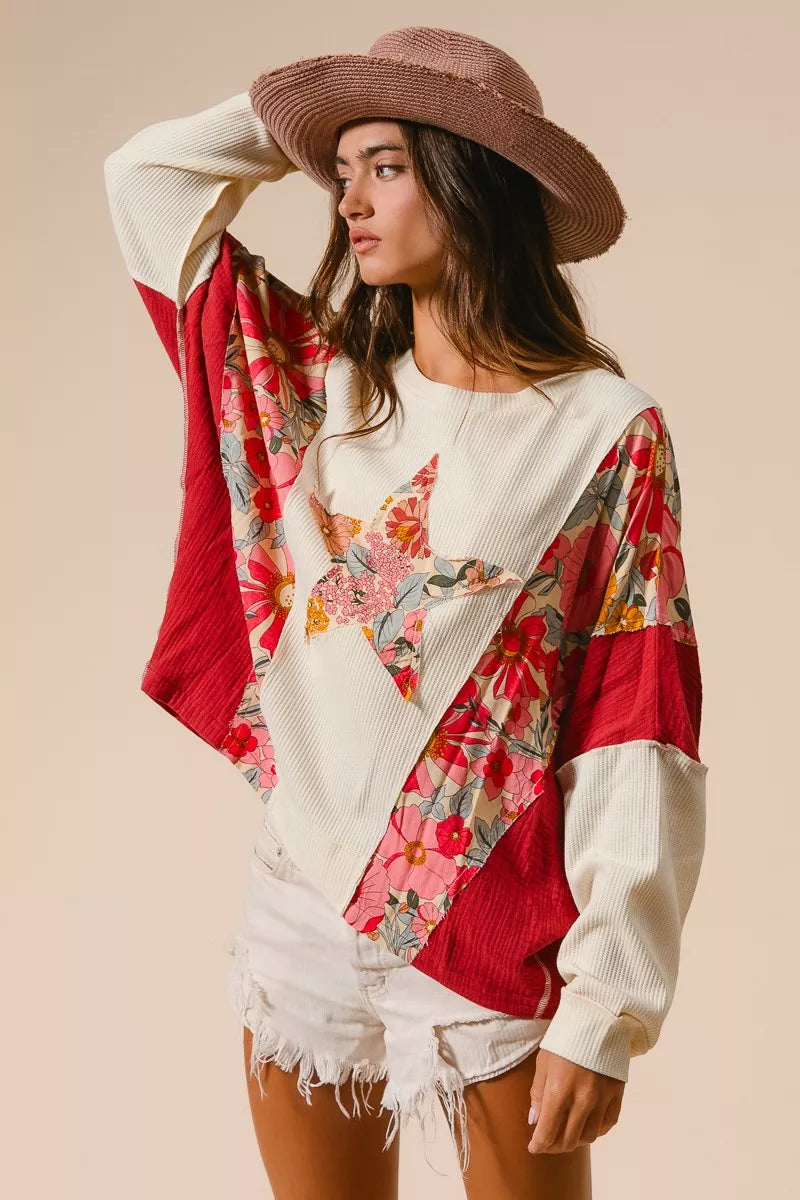 BIBI Floral Print Mixed Star Patch Round Neck Sweatshirt on Simply Obsessed
