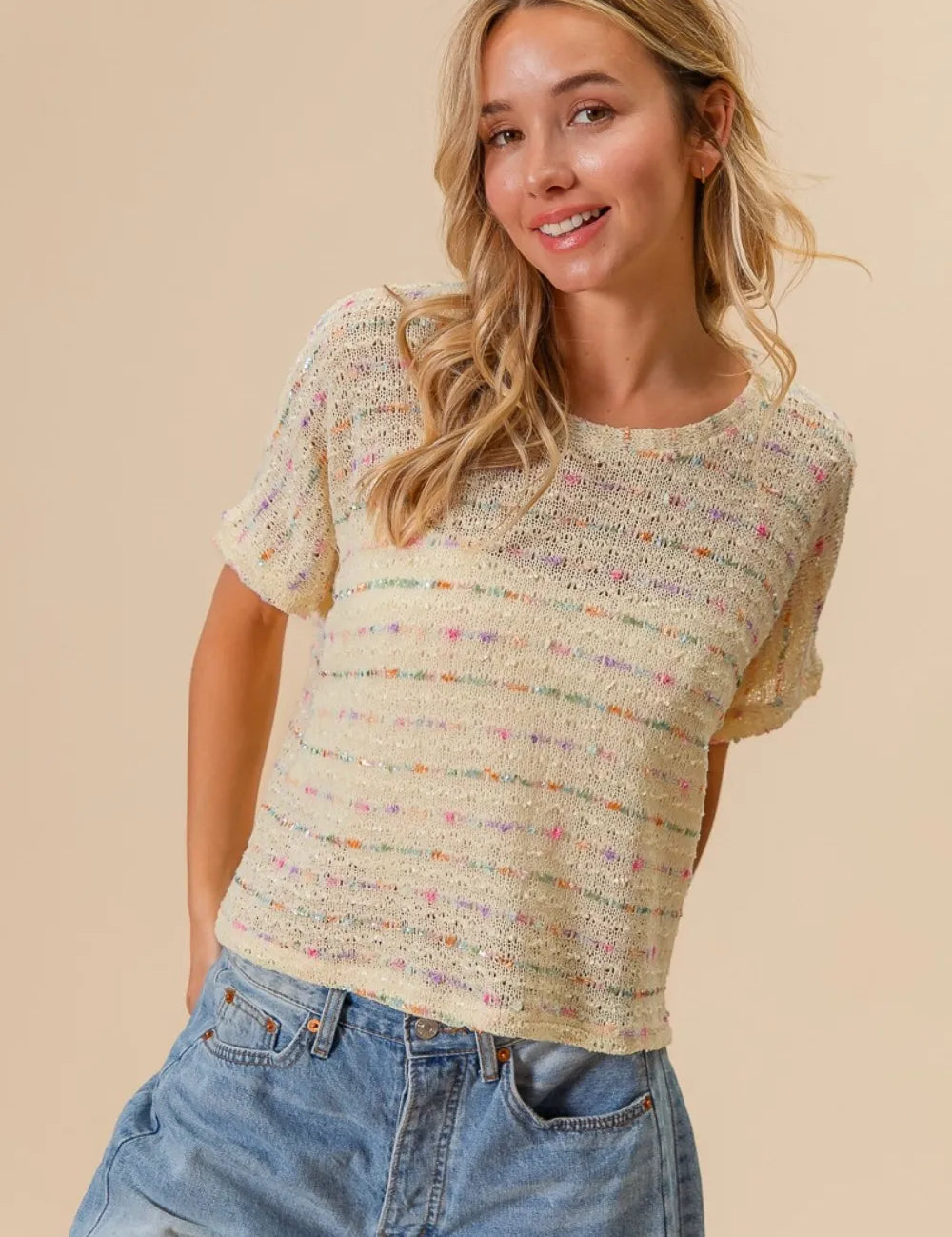 BiBi Striped Popcorn Knit Top on Simply Obsessed