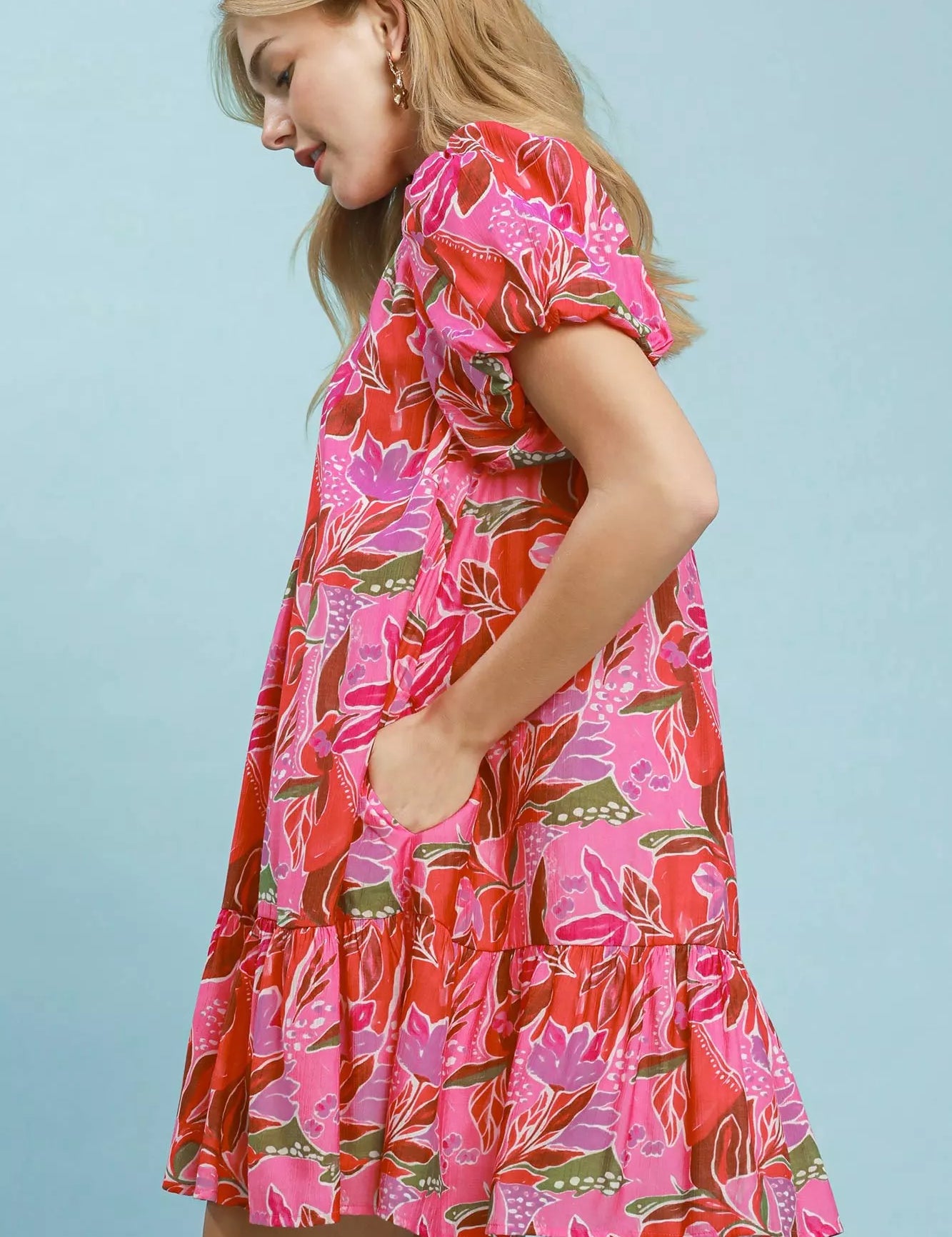 UMGEE Tropical Floral Puff Sleeve Tiered Mini Dress on Simply Obsessed