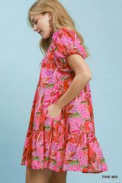 UMGEE Tropical Floral Puff Sleeve Tiered Mini Dress on Simply Obsessed