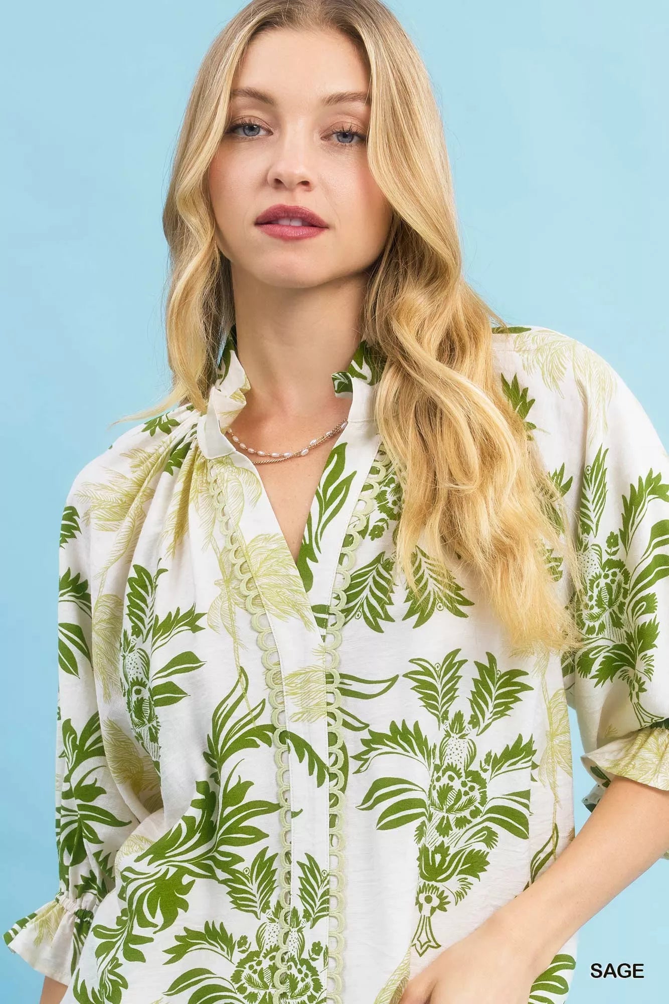 UMGEE Leafy Damask Print Blouse with Contrast Scalloped Trim Detail on Simply Obsessed