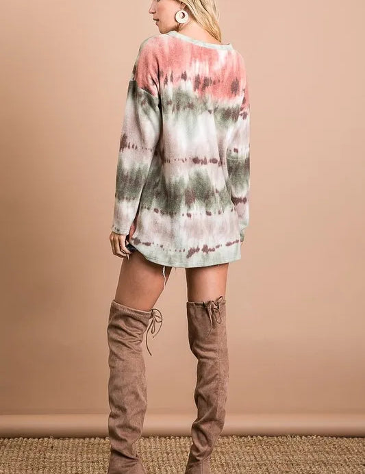 BIBI Brushed Tie Dye Looking Print V Neck Top on Simply Obsessed