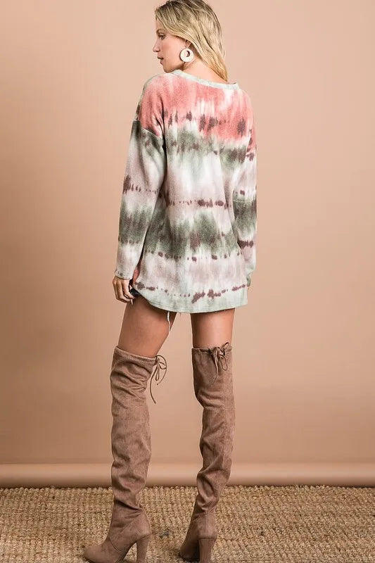 BIBI Brushed Tie Dye Looking Print V Neck Top on Simply Obsessed