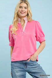 UMGEE Striped Collar Popover Top on Simply Obsessed