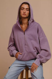 BIBI Stitch Detailed Elastic Hem Half Zip Fleece Hoodie on Simply Obsessed