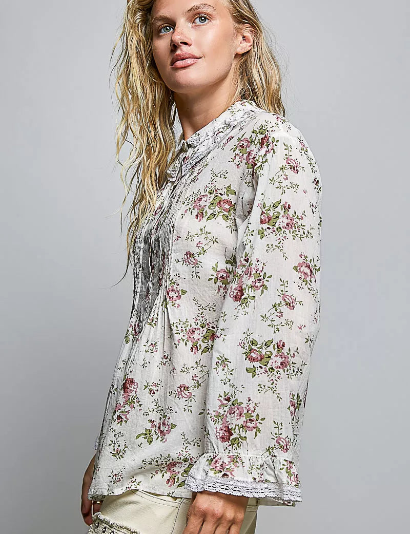 POL Floral Lace Trim Pintuck Button-Down Shirt on Simply Obsessed