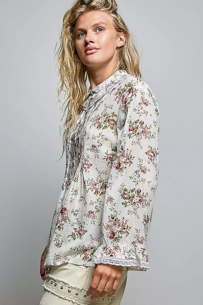 POL Floral Lace Trim Pintuck Button-Down Shirt on Simply Obsessed