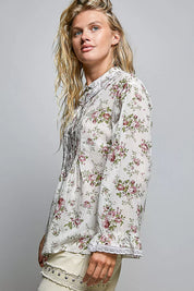 POL Floral Lace Trim Pintuck Button-Down Shirt on Simply Obsessed