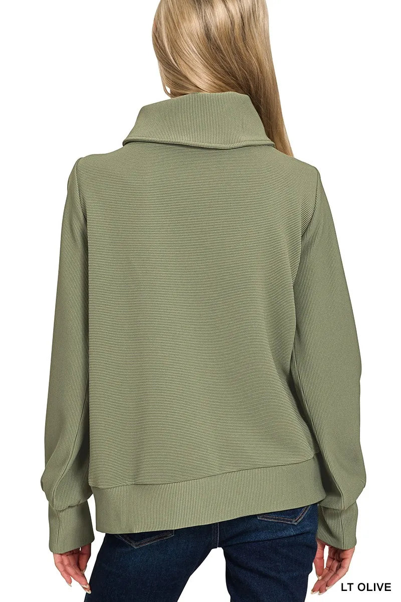 Zenana Ribbed High Neck Half Zip Pullover & Pants Set on Simply Obsessed